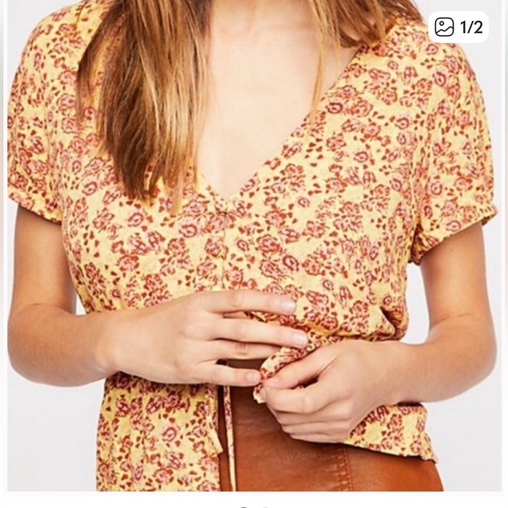 Free People Floral Yellow and Red Women's Top XS